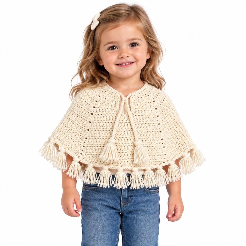 Vintage Handmade Crochet Poncho Toddler Girls Ivory Fringe Tassel Capelet Boho
